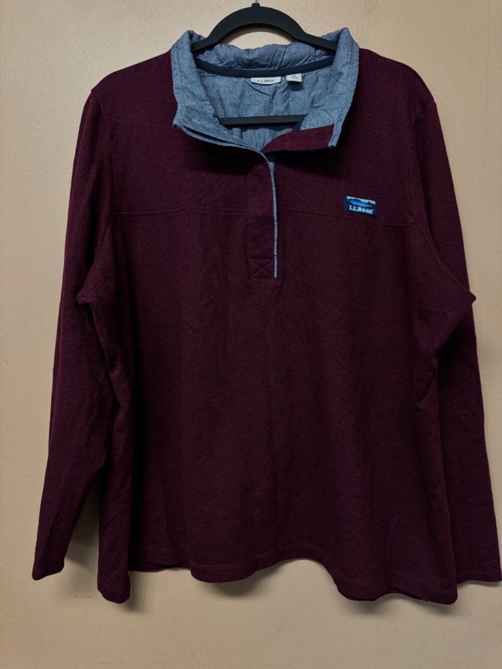LL Bean Soft Cotton Rugby Sweatshirt Burgundy Plum Pullover Button Neck 2X 5044